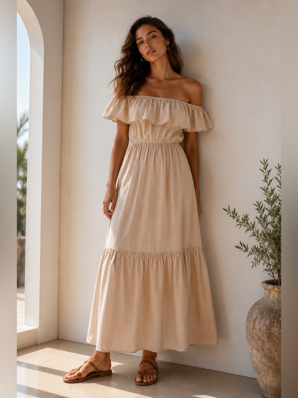 Off-Shoulder Tiered Maxi Dress in Tan/ Biscotto Cotton Silk